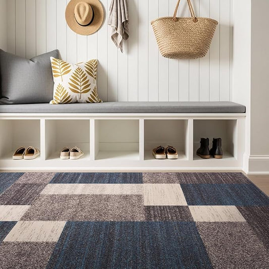 Rugshop Modern Boxes Design Non-Slip (Non-Skid) Area Rug for Entryway,Kitchen,Bedroom 4' x 6' Blue