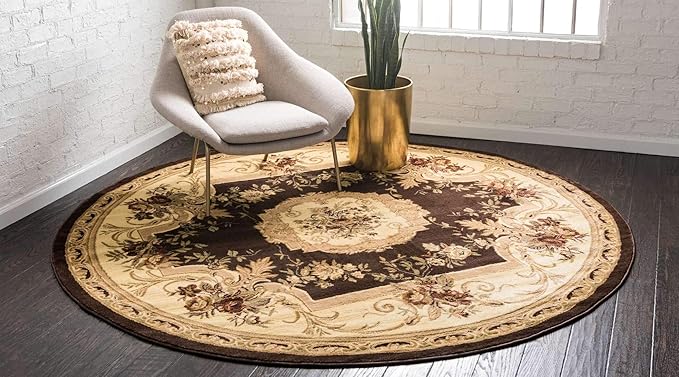 Unique Loom Versailles Collection Traditional Classic Floral Motif Area Rug (8' 0 x 8' 0 Round, Brown/ Ivory)