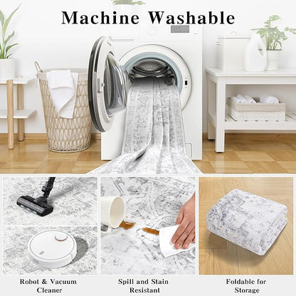 3x5 Vintage Washable Area Rugs Boho Medallion Large Distressed Retro Accent Carpet Floral Non-Slip Soft Low Pile Indoor Throw Rug for Living Room Bedroom Dining Room Office Kitchen, Gray