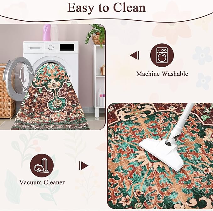 U'Artlines Boho Vintage Round Area Rug 8ft Machine Washable Low Pile Soft Floor Carpet Non Slip Non Shedding Accent Rug for Living Room Bedroom Entryway Dining Room Office Rust＆Teal