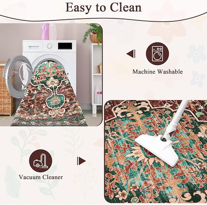 U'Artlines Boho Vintage Round Area Rug 8ft Machine Washable Low Pile Soft Floor Carpet Non Slip Non Shedding Accent Rug for Living Room Bedroom Entryway Dining Room Office Rust＆Teal