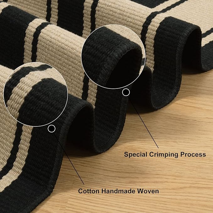 Striped Outdoor Rug 3'x5', Cotton Hand Woven Rug Front Door Mat,Washable Reversible Layered Door Mats, Foldable Front Porch Rug for Entryway/Home Entrance/Farmhouse(Black and Tan)