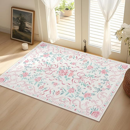 Pink Rug Bow Floral Rugs for Girls, 2x3 Washable Small Area Rug for for Entryway, Kitchen, Front Door Indoor Entrance, Non Slip Carpet for Bathroom Bedroom Living Room