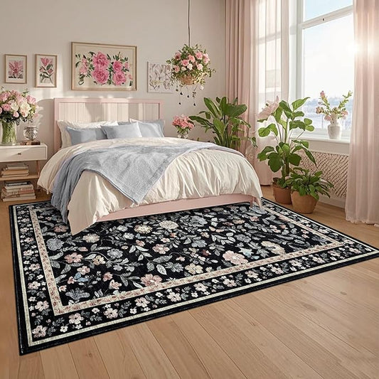 GarveeHome Washable Area Rug 9 x 12 for Living Room, Non-Slip Soft Vintage Rug, Low Pile Farmhouse Floral Carpet, Non-Shedding Indoor Foldable Printed Rugs for Bedroom, Black