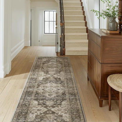 AMOAMI-2X6 Runner Rug-Washable Runners for Hallways-Soft Non Slip Bedside Rugs for Bedroom-Vintage Long Rug for Hallways Entryway Laundry Room Stair Kitchen Bathroom Light Brown/Coffee