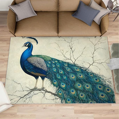 Peacock Area Rug 5x7-5x7 Rug, Peafowl Rugs for Living Room, Teal Turquoise Carpet, Modern Style Washable Area Rugs for Bedroom, Peacock Feather Carpet - Peafowl Home Decor & Gifts