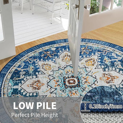 Easy-Going Round Area Rug 3ft Washable Boho Small Circle Rugs for Living Room Non-Slip Bedroom Rug Low Pile Lightweight Tangerine Vintage Throw Rug for Dining Room Kitchen Office, Floral Aqua Yellow