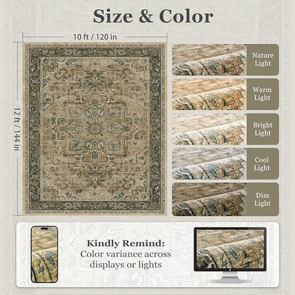 Large Area Rugs 10x12, Living Room Bedroom Carpet Extra Large Size Washable Non Slip, Vintage Distressed Medallio Low Pile Thin Rug for Big Dining Room, Multi Brown/Olive
