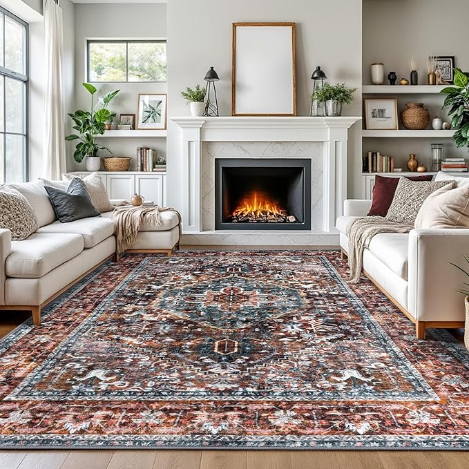 KOZYFLY Boho Area Rug 9x12 Ft Thin Rugs for Living Room Washable Bedroom Rug Non Slip Rugs Printed Faux Wool Vintage Bedroom Rug Floor Carpet for Dining Room Living Room, Brick Red/Orange/Green
