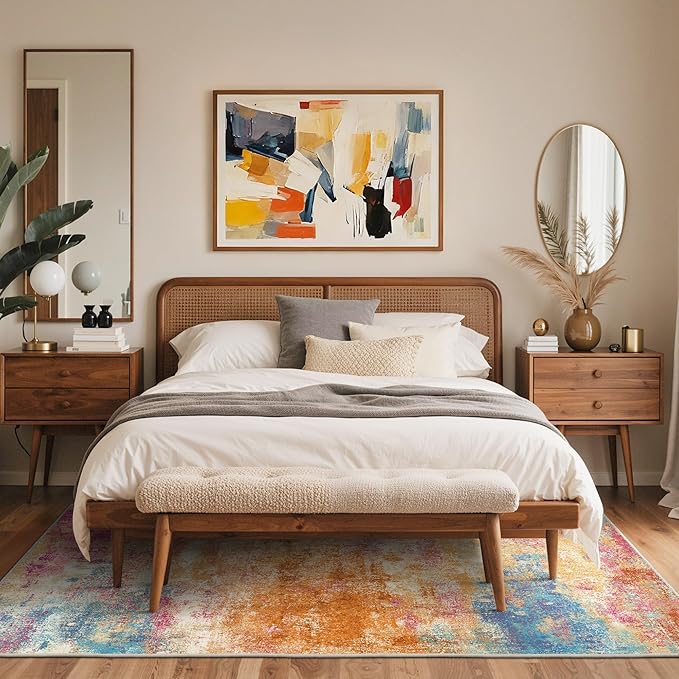 5x7 Area Rugs Washable Pink Rug for Living Room Nursery, Modern Abstract Large Rug Non Slip, Water Repellent Low Pile Soft Carpet for Bedroom, Dining Room, Home Office, Colorful Pink
