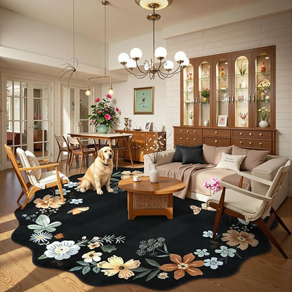 Lahome Floral Washable Round Area Rug, Soft Round Rugs 6ft Ultra-Thin Non-Slip, Boho Large Circle Carpet for Bedroom Living Room Kitchen Nursery, Black/Grey