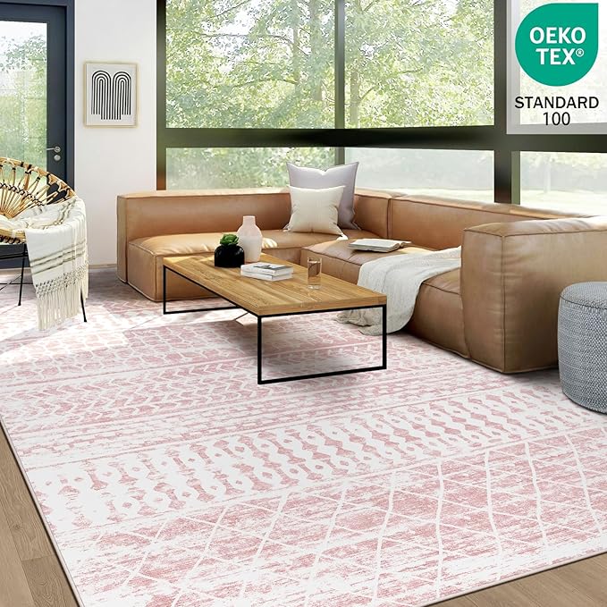 6x9 Machine Washable Area Rug for Living Room, Pink Vintage Moroccan Rug Large Non-Slip Low Pile Soft Faux Wool Carpet, Kids and Pets Friendly for Bedroom Dining Room Farmhouse Home Decor Rug