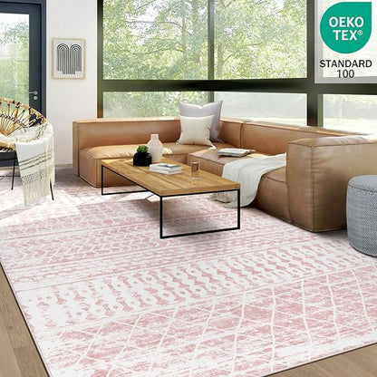 6x9 Machine Washable Area Rug for Living Room, Pink Vintage Moroccan Rug Large Non-Slip Low Pile Soft Faux Wool Carpet, Kids and Pets Friendly for Bedroom Dining Room Farmhouse Home Decor Rug