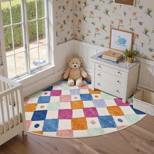 jinchan Macy Kids Rug for Nursery 5ft Radius Corner Washable Area Rug Modern Colorful Quarter Circle Rug Soft Non-Slip Carpet for Bedroom Playroom Daycare Reading Nook Classroom Berries on Cream