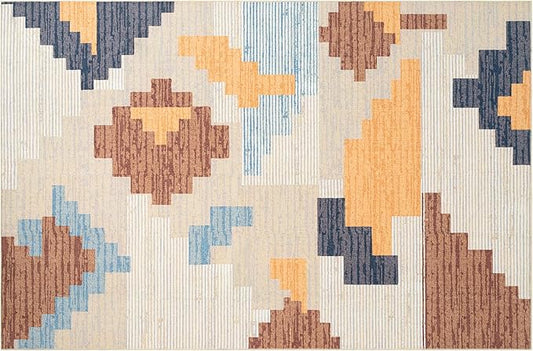Phantoscope Washable Area Rug 6'x9' Non-Slip, Modern Neutral Boho Rugs for Living Room, Bedroom, Dining Room, Abstract Geometric Blocks Pattern, Low-Pile Foldable Floor Carpet, Warm Terracotta/Cream