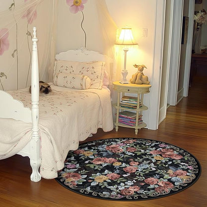 4ft Round Machine Washable Area Rug for Living Room, Black Vintage Boho Floral Rug Large Non-Slip Low Pile Soft Faux Wool Carpet, Kids and Pets Friendly for Bedroom Nursery Farmhouse Home Decor Rug