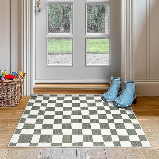 jinchan 2x3 Kids Area Rug Washable Indoor Entryway Doormat Modern Checkered Geometric Lattice Small Rug Non Slip Soft Carpet for Nursery Room Bedroom Bathroom Home Grey