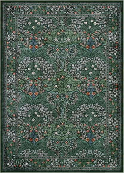Lahome Floral Washable Rugs 5x7, Soft Green Rugs for Bedroom Living Room, Boho Non Slip Low Pile Forest Stain Resistance Large Throw Carpet for Farmhouse Dining Room Office, Dark Green