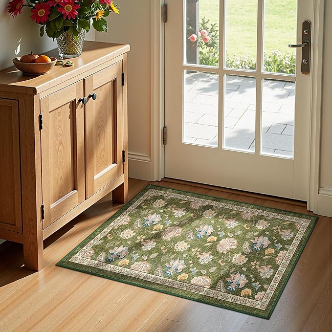 jinchan Elora 2x3 Floral Rug for Entryway Washable Kitchen Rug Vintage Romance Design Small Mat Non Slip Indoor Doormat Lightweight Low-Profile Throw Carpet for Entrance Bathroom Laundry Room, Green