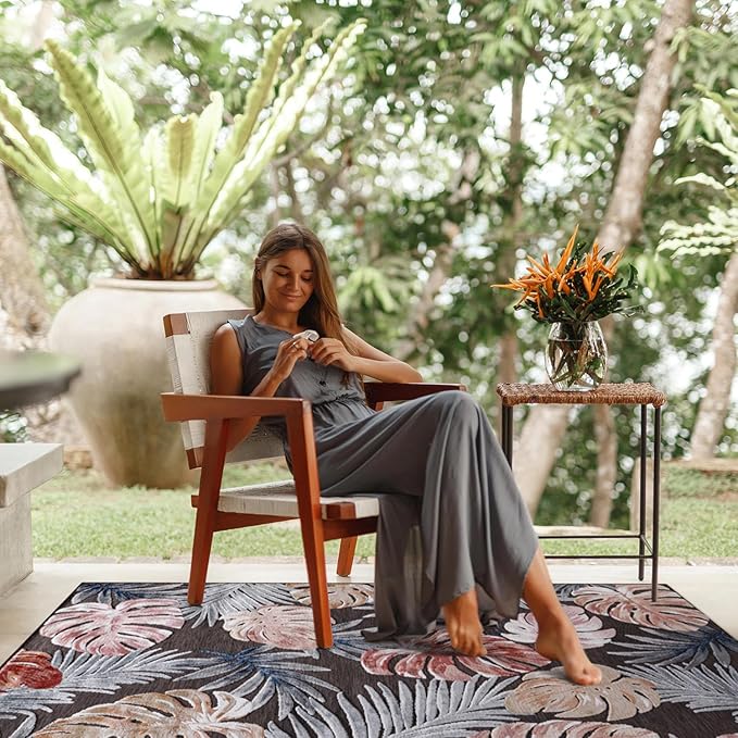 CAMILSON Indoor Outdoor Rug, Brown 9’x12’ Leaf Tropical Botanical Area Rugs for Indoor and Outdoor patios, Easy-Cleaning Non-Shedding Living Room, Garden and Kitchen Washable Outside Carpet (9x12)