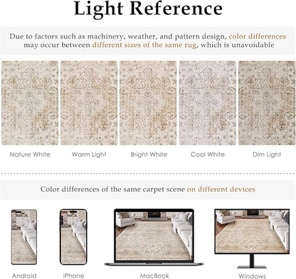8x10 Washable Beige Area Rug Vintage Living Room Bedroom Carpet Non-Slip Soft Low Pile Distressed Indoor Large Throw Rug for Dining Room Office