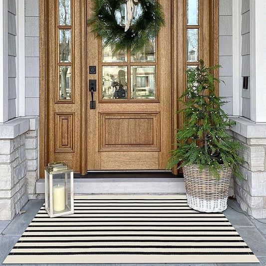 KOZYFLY Black and Beige Striped Porch Rug 27.5x43 Inches Area Rug Washable Outdoor Doormat Front Door Mat Cotton Striped Indoor Outdoor Rug for Front Door Kitchen Entryway Patio Porch