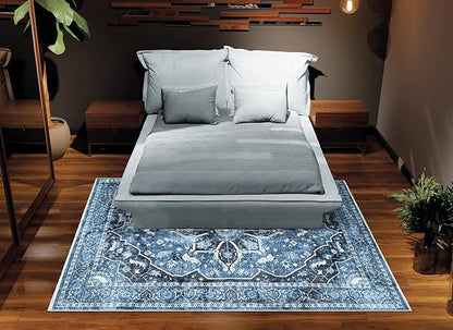 Bloom Rugs Caria Washable Non-Slip 4x6 Rug - Blue/Charcoal Traditional Area Rug for Living Room, Bedroom, Dining Room, and Kitchen - Exact Size: 4' x 6'