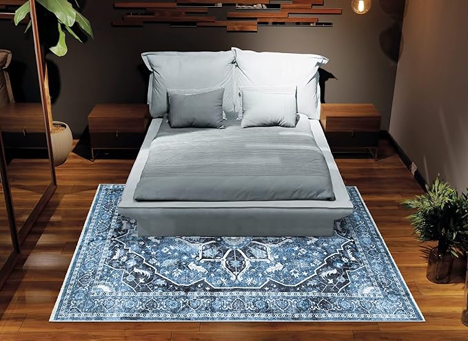 Bloom Rugs Caria Washable Non-Slip 3x5 Rug - Blue/Charcoal Traditional Area Rug for Living Room, Bedroom, Dining Room, and Kitchen - Exact Size: 3' x 5'