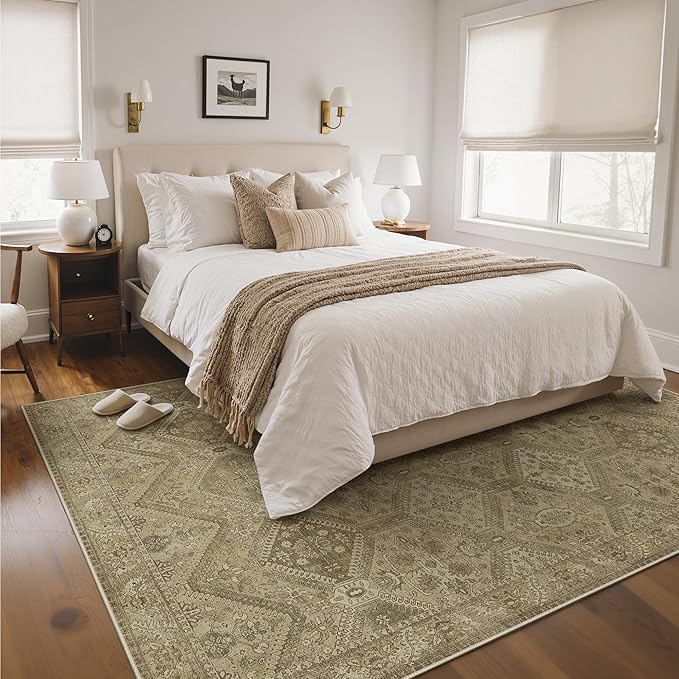 Bavni 8x10 Area Rugs for Living Room, Machine Washable Rug Non Slip, Vintage Chenille Distressed Print Carpet, Large Low Pile Ultra-Thin Lightweight Rugs for Bedroom, Dining Room, Office, Nut Brown