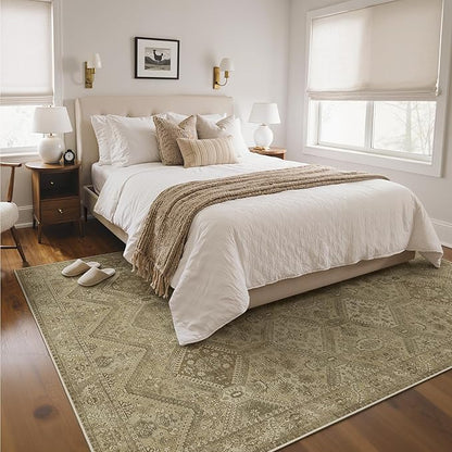 Bavni 8x10 Area Rugs for Living Room, Machine Washable Rug Non Slip, Vintage Chenille Distressed Print Carpet, Large Low Pile Ultra-Thin Lightweight Rugs for Bedroom, Dining Room, Office, Nut Brown