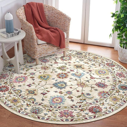 Washable Round Area Rug 6ft - Cream Colorful Traditional Floral Living Room Circle Rug Non-Slip Farmhouse Dining Room Carpet Soft Vintage Bohemian Round Rugs for Bedroom Office Nursery