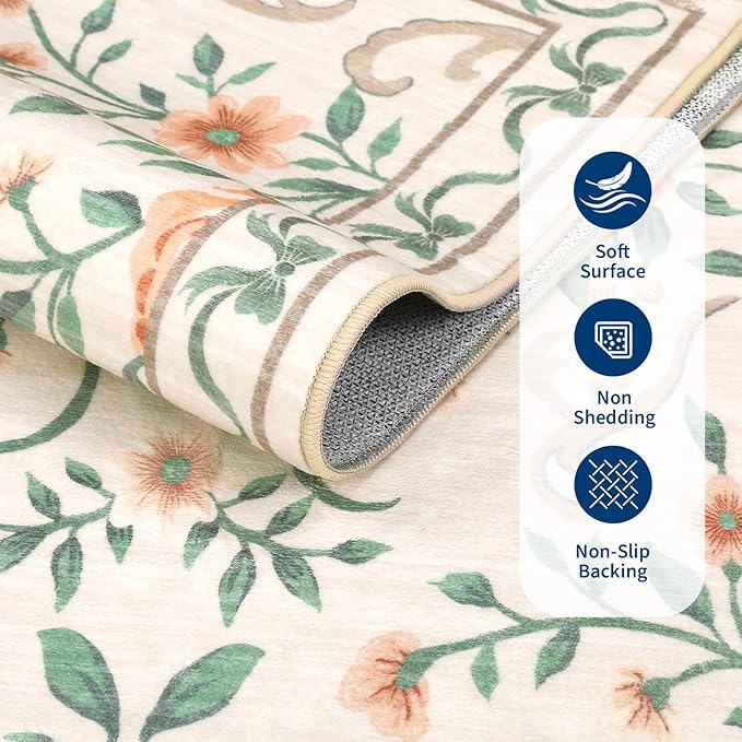 GarveeHome Beige Floral 9x12 Living Room Rugs Non Slip Washable Large Bedroom Throw Carpet Low Pile Butterfly Rug Soft Boho Bow and Flower Carpets for Nursery Home Decor, 9x12