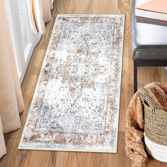 COMSLE Washable Door Mat, Front Door mat Indoor Faux Wool Absorbent Small Rugs for Entryway Distressed Throw Rug Non-Slip Accent Floor Carpet for Entrance Bedroom, 24X48 Inches Orange