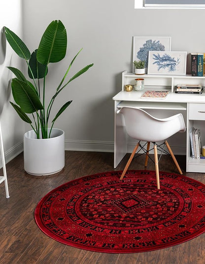 Unique Loom Tekke Collection Area Rug - Sheibani (7' 11" Round, Red/ Black)