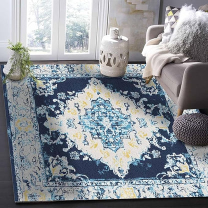 Bohemian Pattern Rectangular Area Rugs for Living Room Bedroom 5 x 6.9 ft Blue & Yellow Abstract Non-Shedding Soft Low Pile Rug Non Slip Washable Rug for Nursery Entryway Playroom