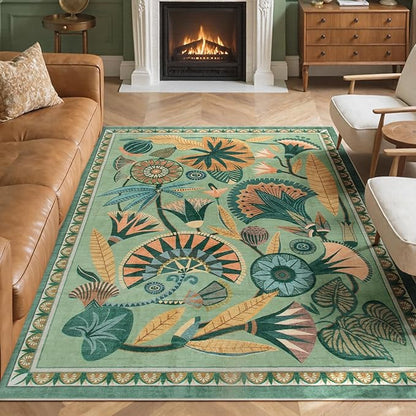 5x7 Floral Rug, Green Rug for Living Room, Washable Low Pile Bedroom Rugs, Non Slip Throw Rugs with Rubber Backing, Soft Carpet for Dining Room Home Office Playroom