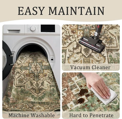 5x7 Machine Washable Area Rug for Living Room, Brown Green Boho Vintage Floral Rug Large Non-Slip Low Pile Soft Faux Wool Carpet, Kids and Pets Friendly for Bedroom Dining Room Farmhouse Decor Rug