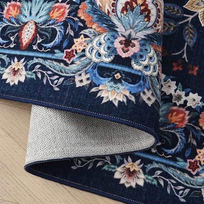Rugcomf 2'x3' Entryway Rug - Paisley Pattern, Door Mat Indoor Entrance, Floral Vintage, Machine Washable, Non-Slip Low Pile Area Rug for Kitchen, Front Door, Kids Room - Blue
