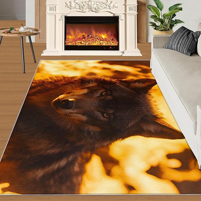 Wolf Rugs for Bedroom - 4x6 Area Rug - Timber Wolf Rugs for Living Room, Sunset Landscape Rug, Non-Slip Washable Home Decor Carpet