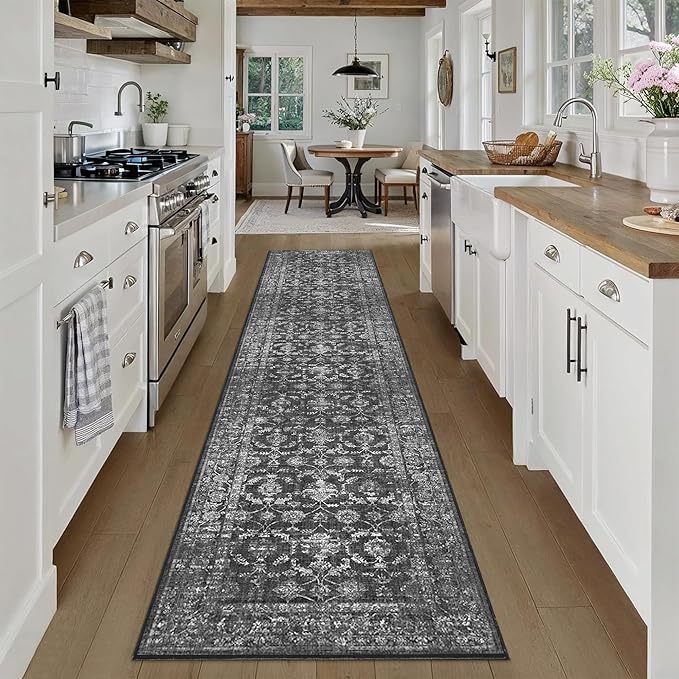 2x10 Hallway Washable Runner Rug Vintage Boho Extra Long Runners for Kitchen, Bathroom, Distressed Floral Floor Mat Non-Slip Farmhouse Carpet, Black