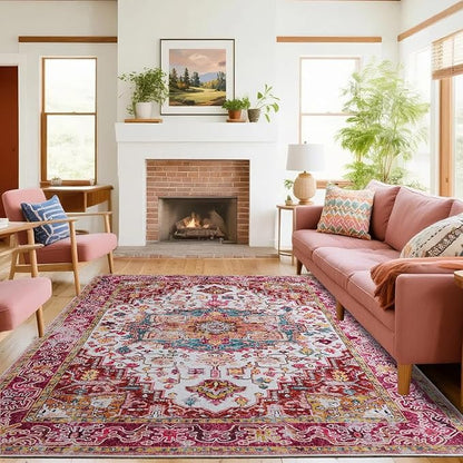 Beglad Large Vintage Area Rugs 6x9 for Living Room, Machine Washable Rugs - Low Pile Carptet, Soft Distressed Floral Rugs for Kitchen, Dining Room, Bedroom, Plum