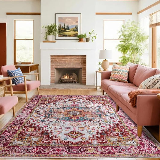 Large Area Rugs 8x10 for Living Room, Washable Vintage Rugs -Low Pile, Soft Plush Rugs for Bedroom, Kitchen, Dining Room, Stain Resistant, Non Shedding, Plum