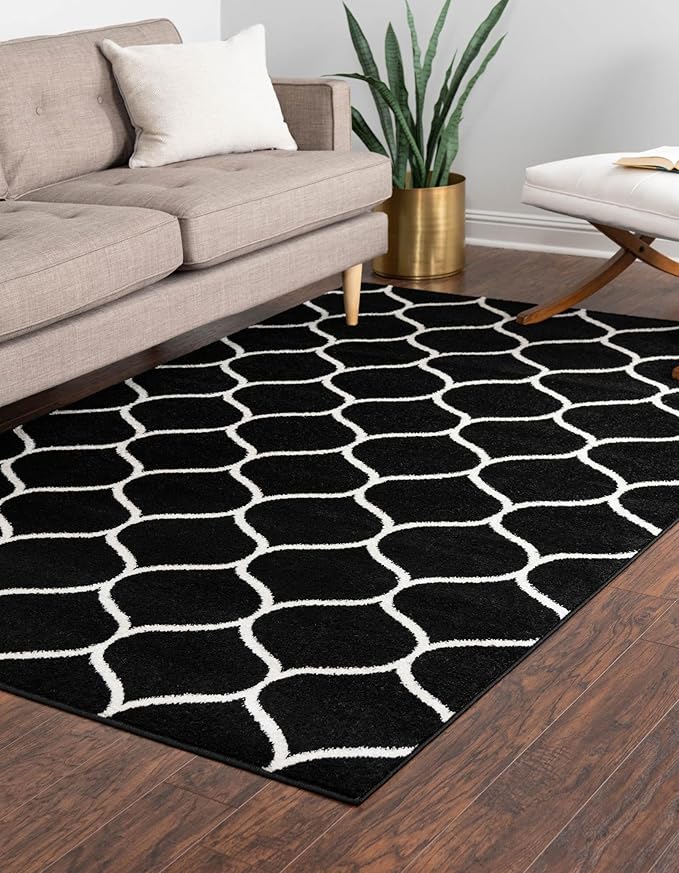 Rugs.com Lattice Frieze Collection Rug – 10' x 14' Black Medium Rug Perfect for Living Rooms, Large Dining Rooms, Open Floorplans