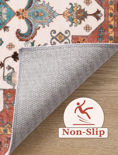 SERISSA Boho Washable Runner Rug, 2'6"x10' Long Non-Slip Vintage Orange Hallway Kitchen Stair Runner Rug Ultra Soft Print Distressed Floor Carpet for Bedroom Bathroom Laundry Room