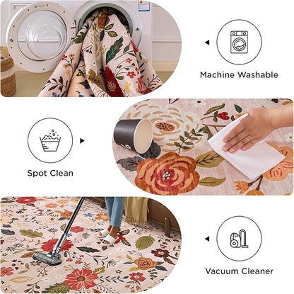 Living Room Rug 6x9 Rug Machine Washable Boho Area Rug Non Slip Floral Vintage Low Pile Large Rugs for Living Room, Bedroom, Farmhouse, Dining Room (Beige)