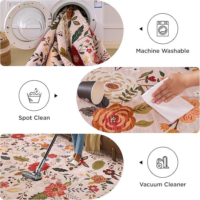 3x5 Area Rug, Floral Pink Washable Rug for Entryway, Non Slip Flower Area Rugs, Soft Low Pile Indoor Doormat Small Carpet, Rugs for Living Room Bedroom Nursery Kitchen Dining Room, Pink/Beige