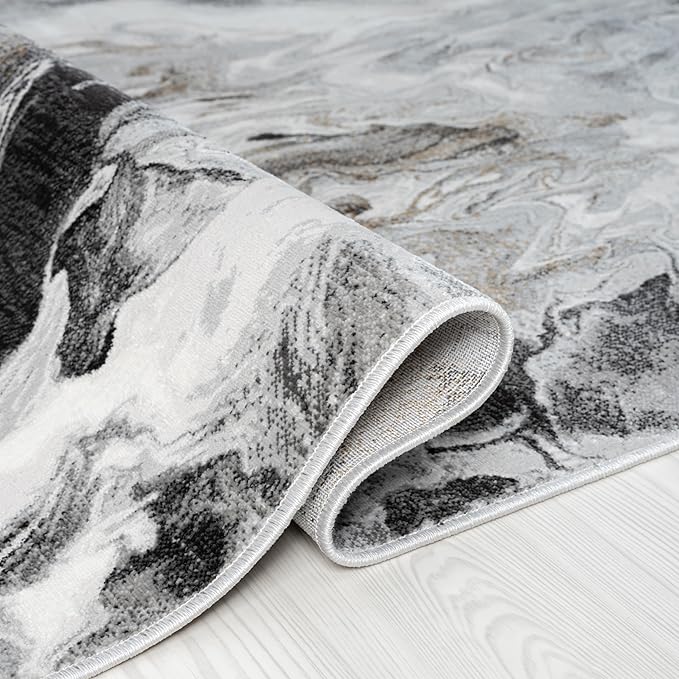 Abani Regal Collection Area Rug - Abstract Grey Black Marble Swirl Design - 5' x 8' - for Living Room, Bedroom & Office Washable