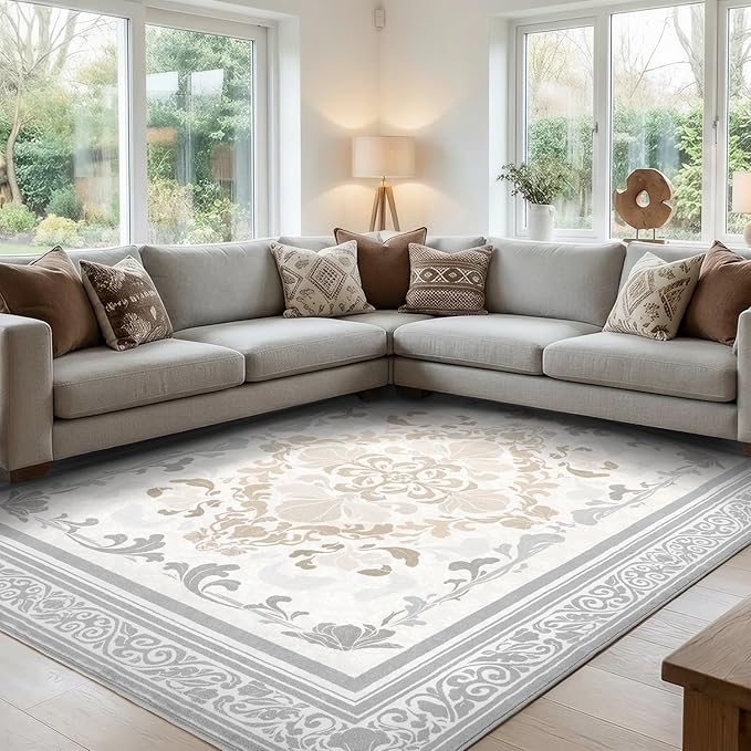 SOULFUL Medium Pile 4x6 Rugs for Living Room - Soft Foot Feel Area Rug - Light Taupe Boho Floral - Washable Non-Slip - Perfect for Bedroom Kids Room Under Dining Table Office