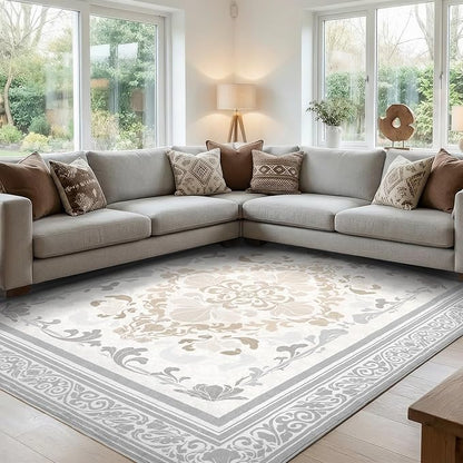 SOULFUL Medium Pile 8x10 Rugs for Living Room - Soft Foot Feel Large Area Rug - Light Taupe Boho Floral - Washable Non-Slip - Perfect for Bedroom Kids Room Under Dining Table Office