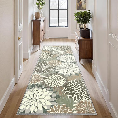 2x6 Washable Runner Rug for Hallway Tropical Botanical Modern Floral Chenille Kitchen Rugs Low Pile Non Slip Carpet for Patio, Bedroom, Laundry, Taupe